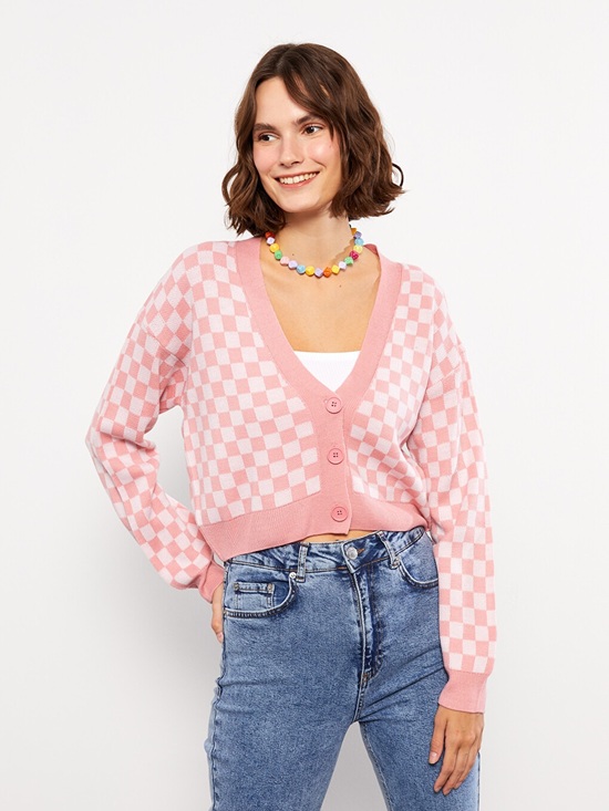 lcw casual Sweaters - LCW casual pink checkered relaxed fit cropped cardigan